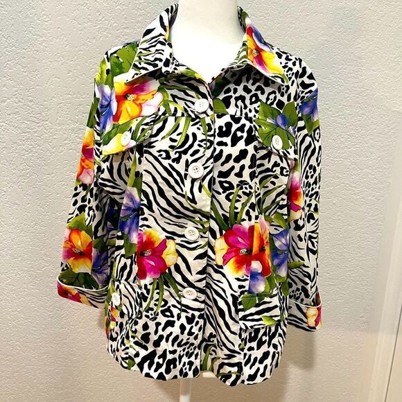 Erin London Button Front Jungle Motif Jacket Size Large - Picture 3 of 8